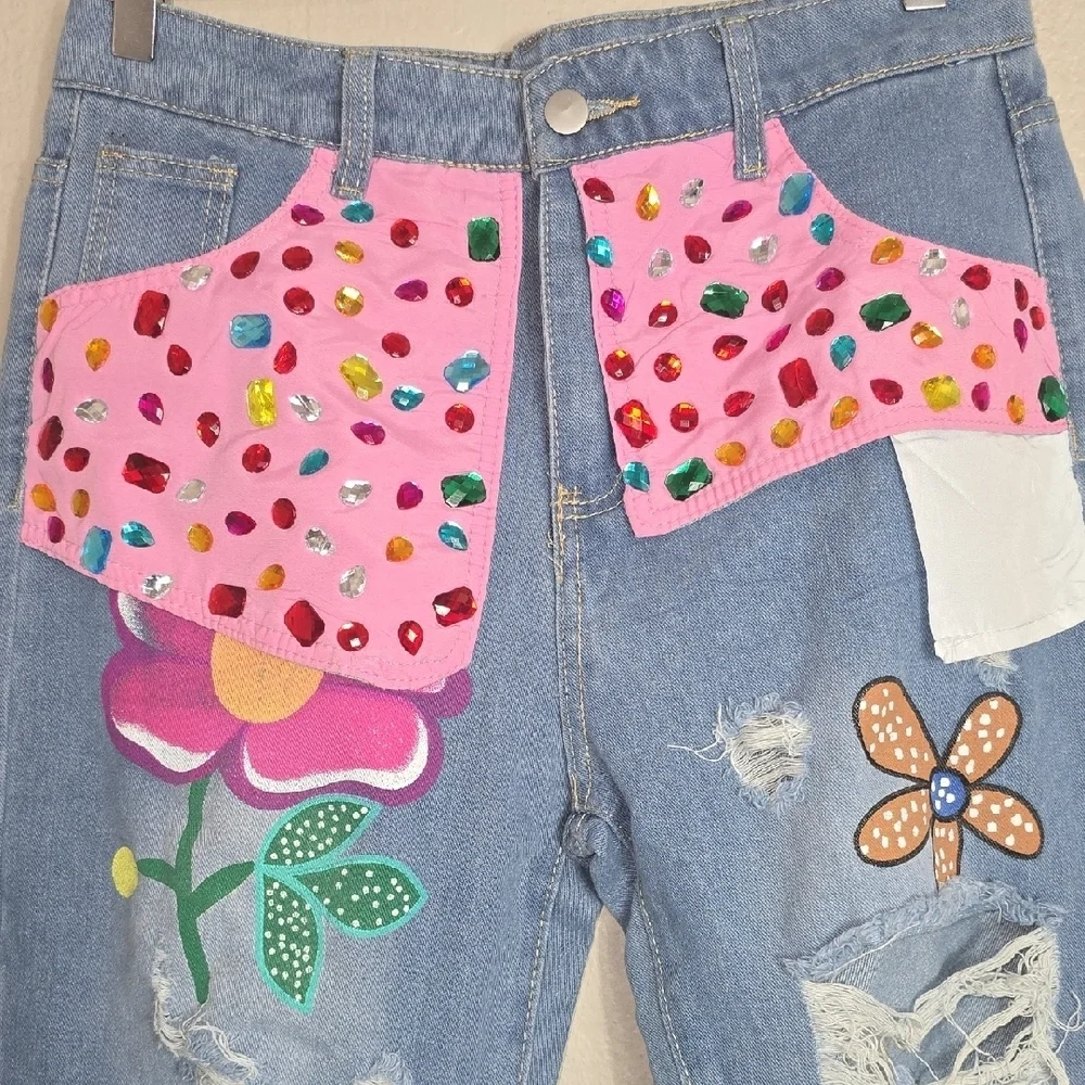 NWT Embellished Ripped Blue Boyfriend Jeans - Picture 6 of 10